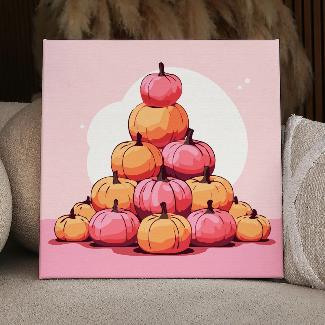 Stack of pink and orange pumpkins in autumn painting