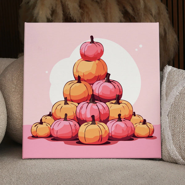 Stack of pink and orange pumpkins in autumn painting