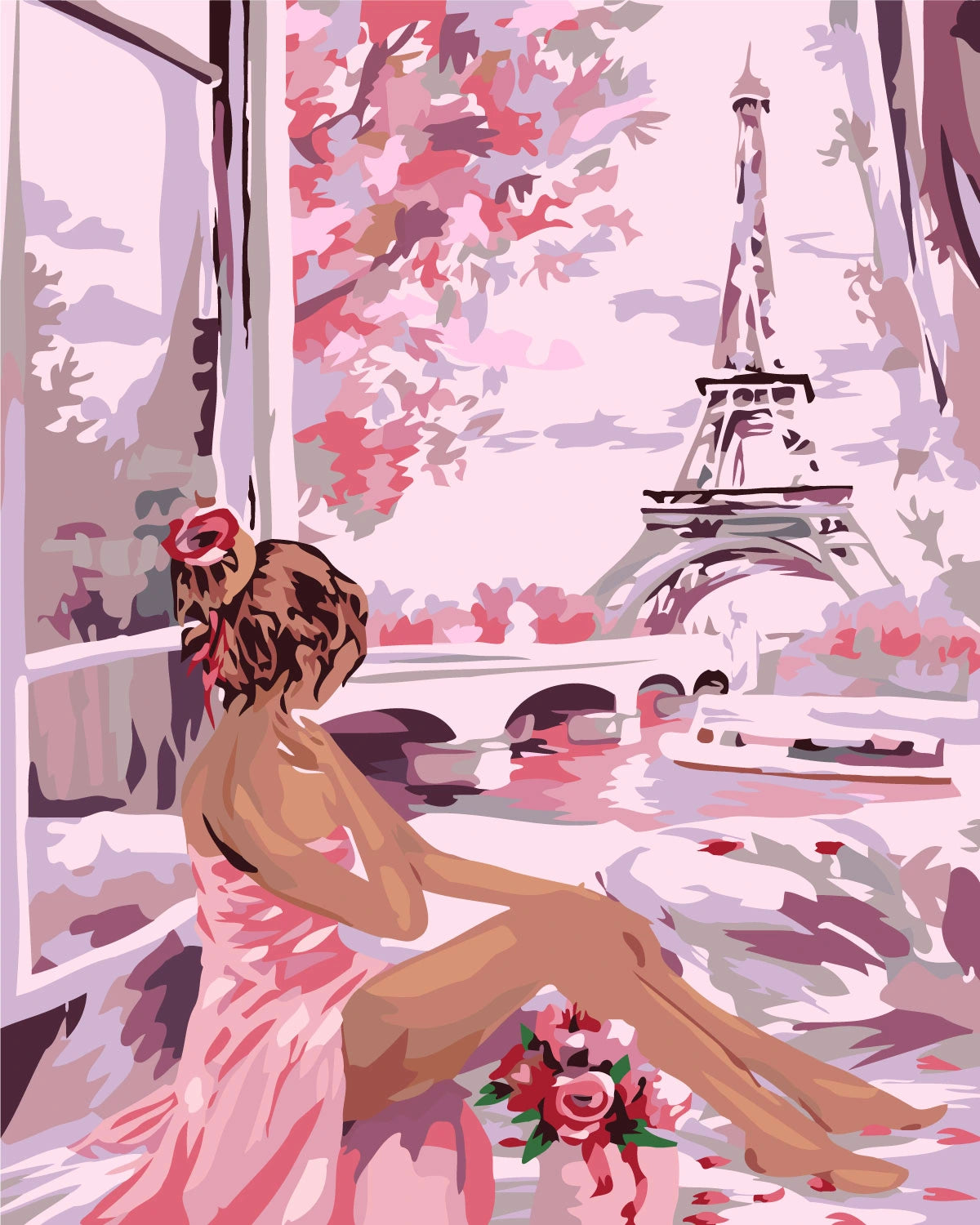 Romantic painting of a woman in pink overlooking Eiffel Tower