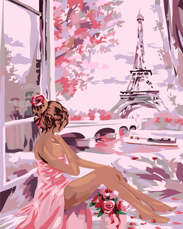 Romantic painting of a woman in pink overlooking Eiffel Tower