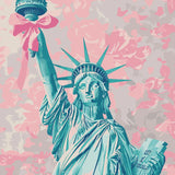 Statue of Liberty with pink bow and floral background painting