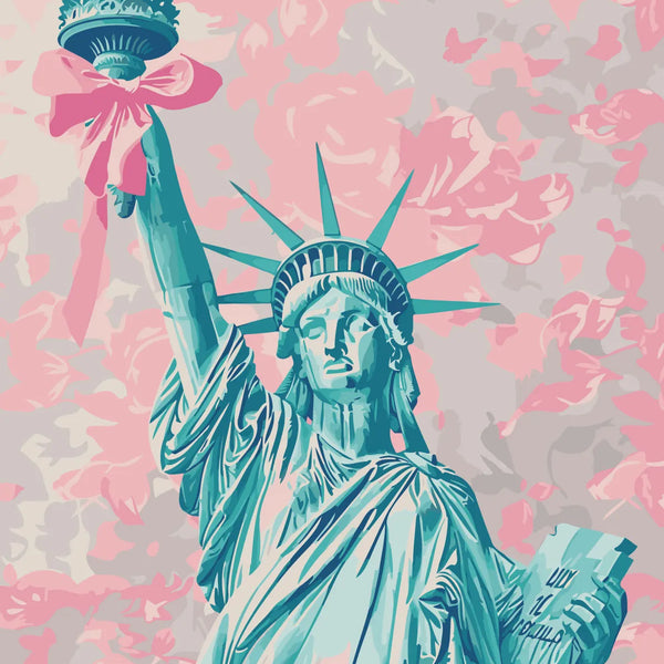 Statue of Liberty with pink bow and floral background painting