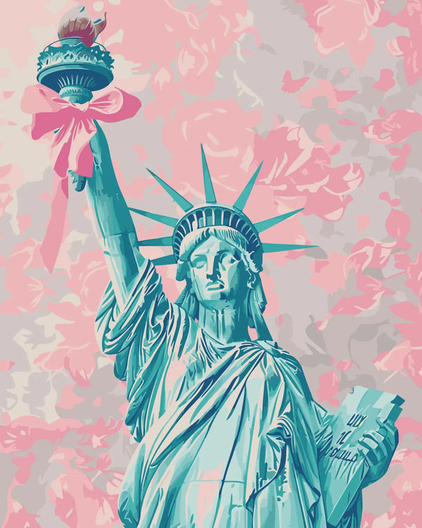 Statue of Liberty with pink bow and floral background painting
