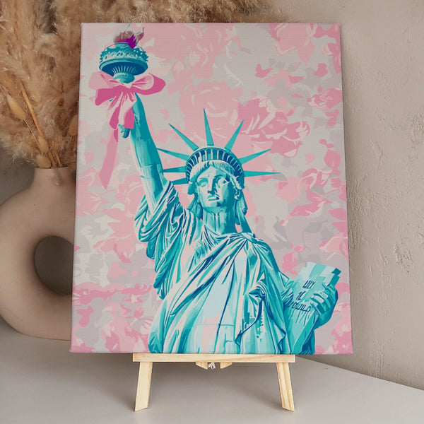 Statue of Liberty with pink bow and floral background painting