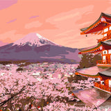 Mount Fuji cherry blossoms and Japanese temple at sunset painting