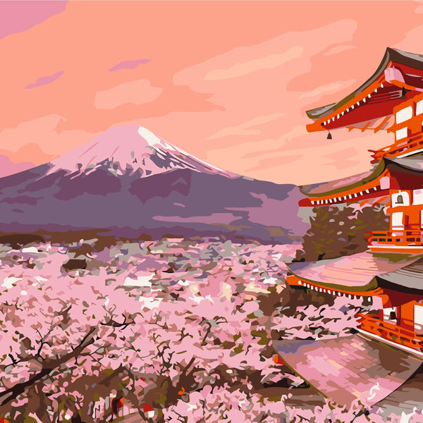 Mount Fuji cherry blossoms and Japanese temple at sunset painting