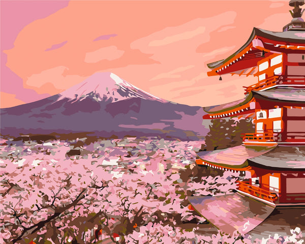 Mount Fuji cherry blossoms and Japanese temple at sunset painting