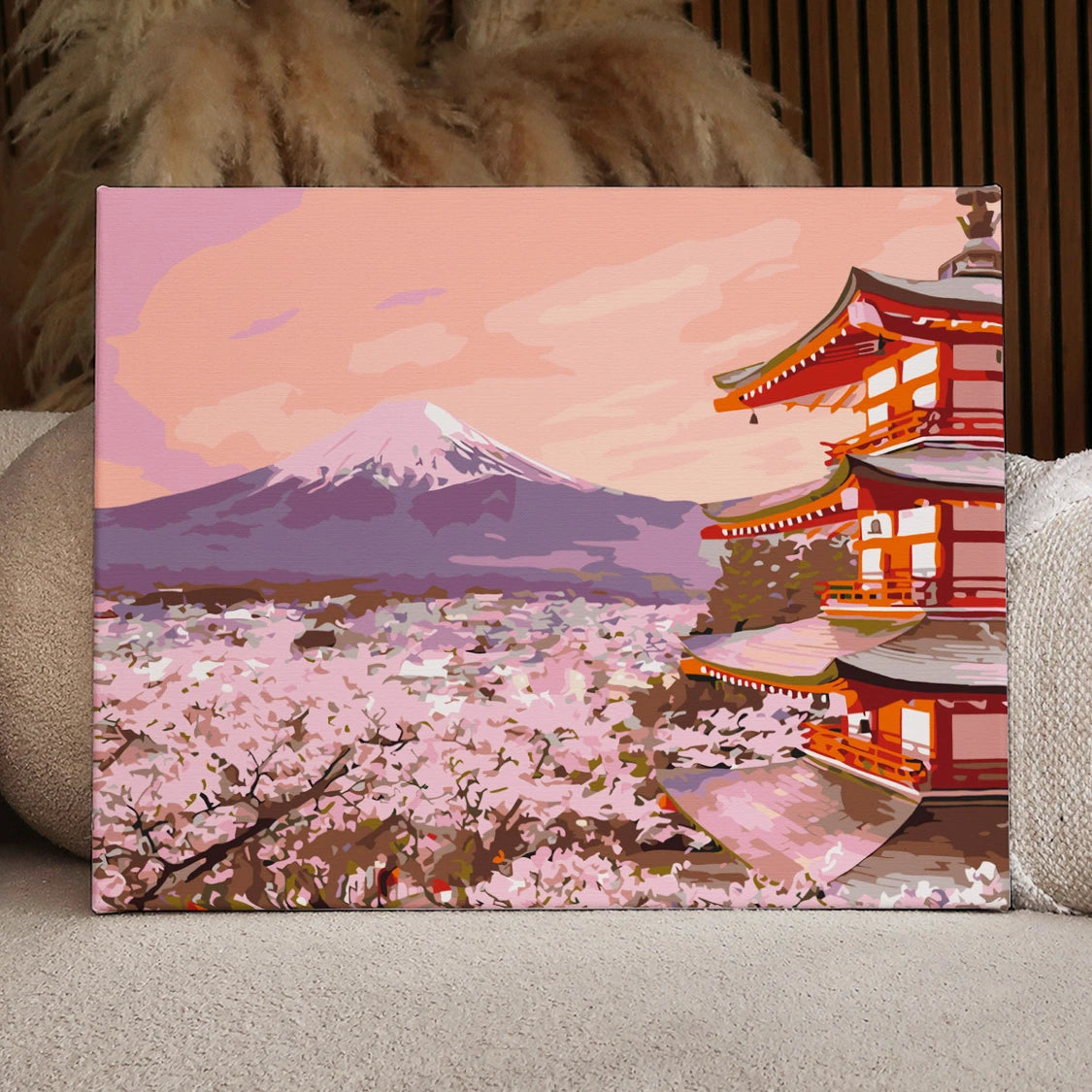 Mount Fuji cherry blossoms and Japanese temple at sunset painting