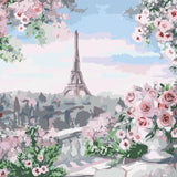 Eiffel Tower painting with pink roses and Paris cityscape view
