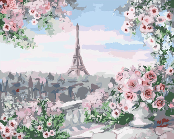 Eiffel Tower painting with pink roses and Paris cityscape view