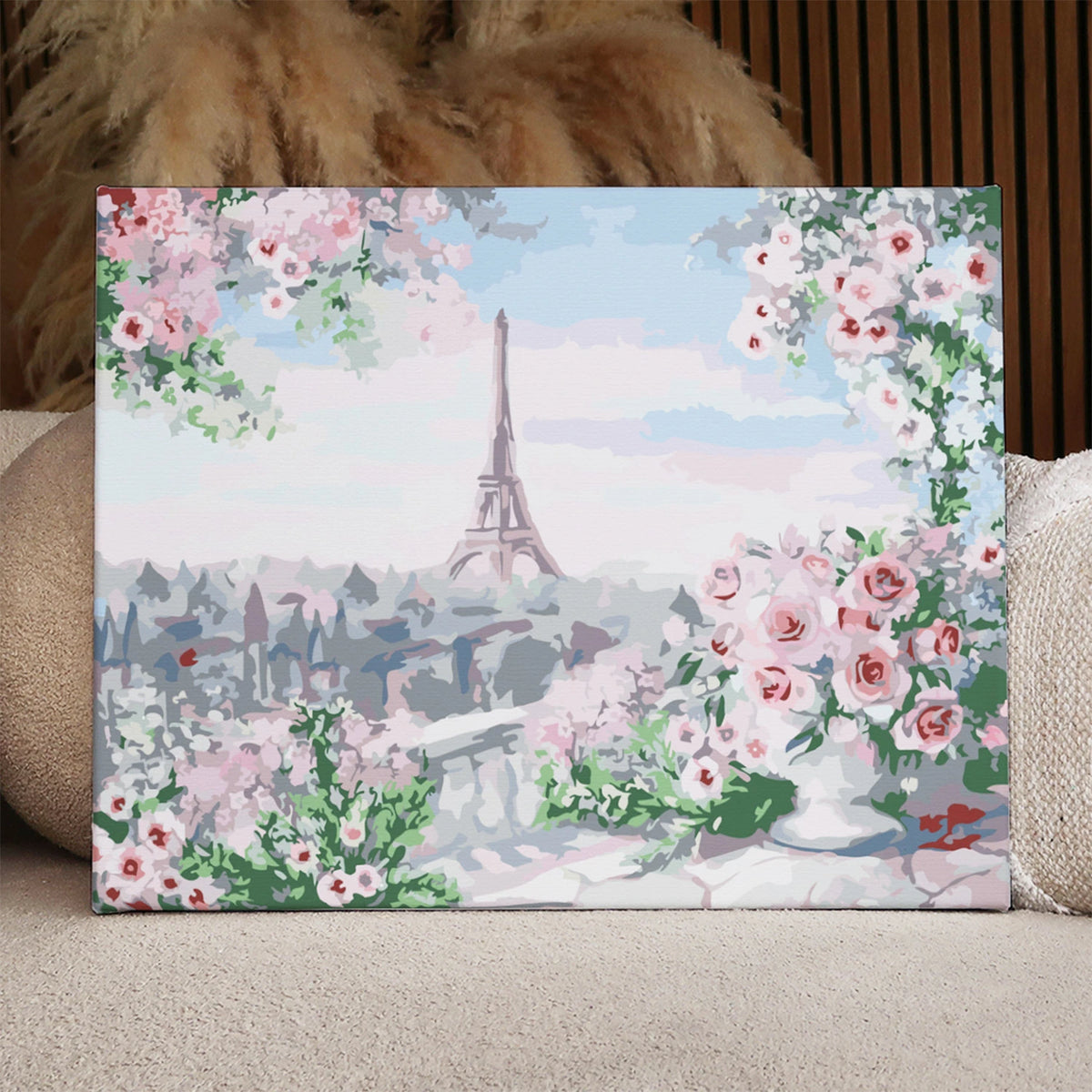 Eiffel Tower painting with pink roses and Paris cityscape view