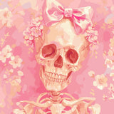 Smiling skeleton with pink bow and flowers on pink background