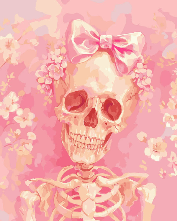 Smiling skeleton with pink bow and flowers on pink background