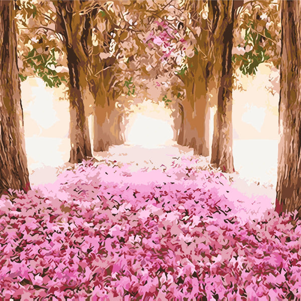 Tree-lined pathway with pink flower petals and soft sunlight painting