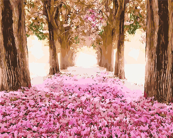 Tree-lined pathway with pink flower petals and soft sunlight painting