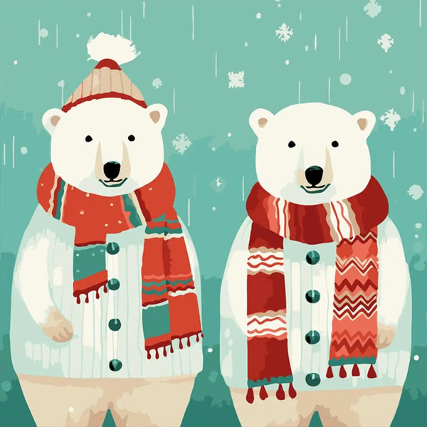 Two polar bears in winter clothes with scarves in snowy painting