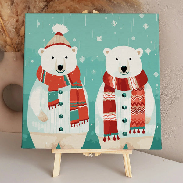 Two polar bears in winter clothes with scarves in snowy painting