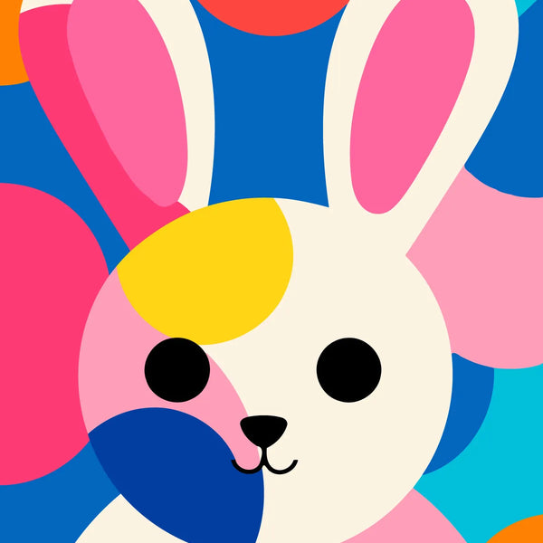 Colorful abstract painting of a cute bunny with geometric shapes