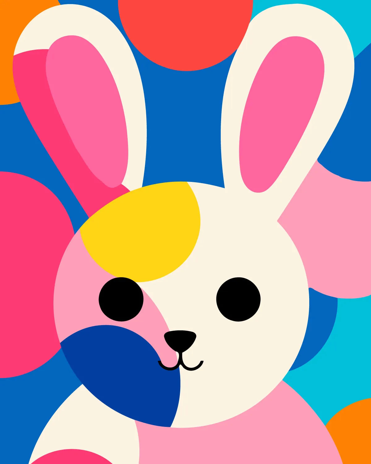 Colorful abstract painting of a cute bunny with geometric shapes