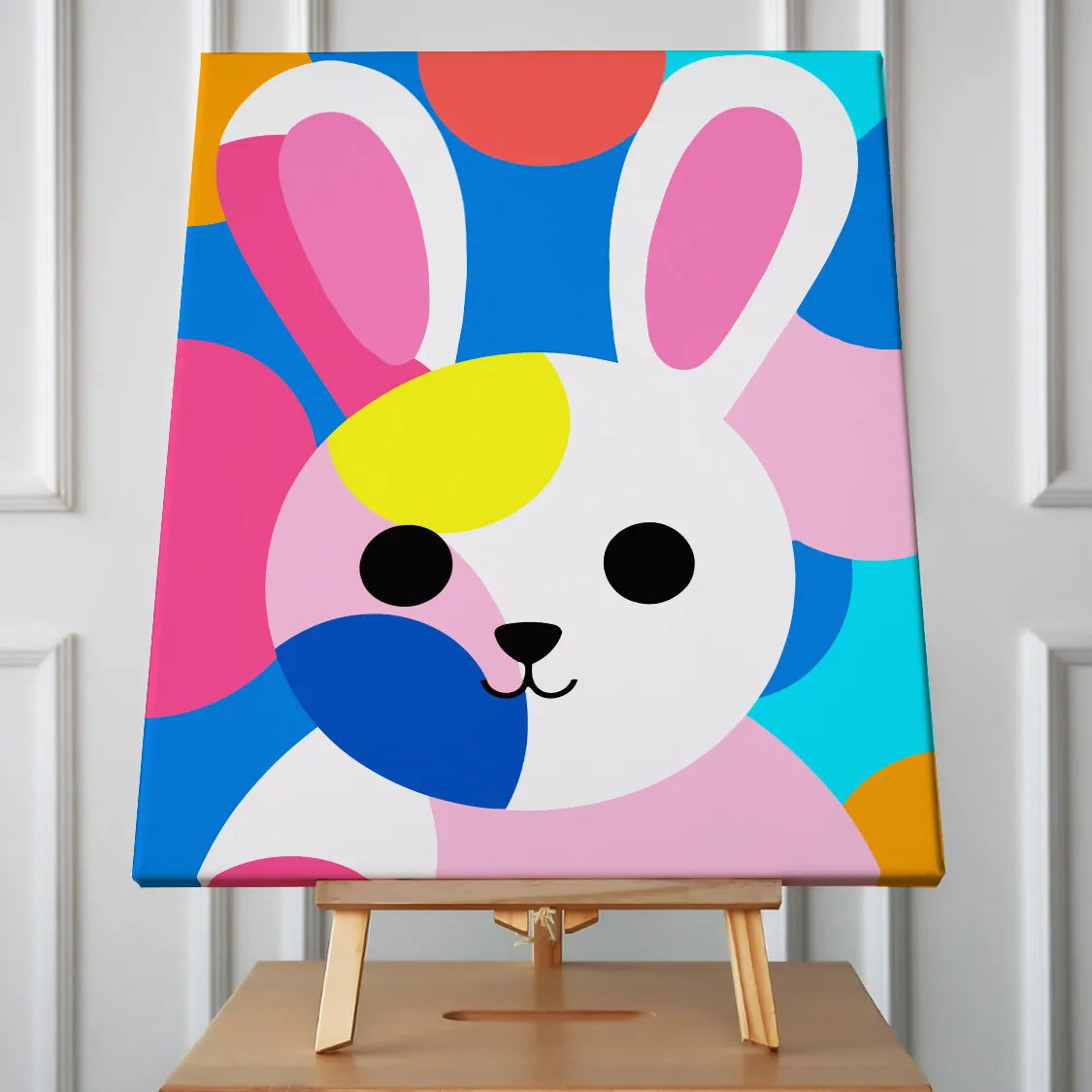 Colorful abstract painting of a cute bunny with geometric shapes