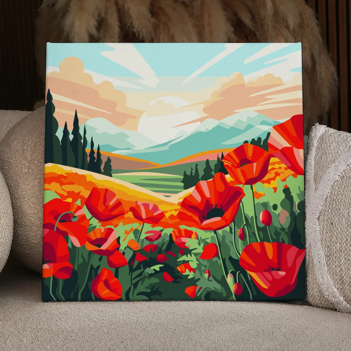 Vibrant painting of red poppy fields with mountains and sunset