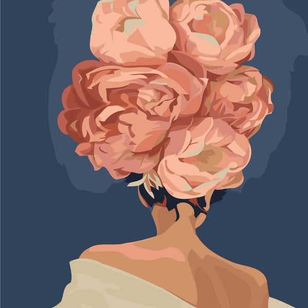 Painting of a woman with large blooming flowers as hair