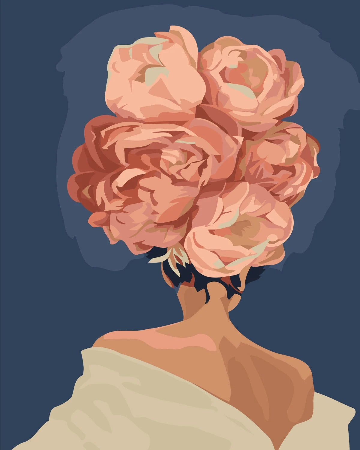 Painting of a woman with large blooming flowers as hair