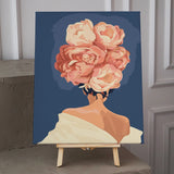 Painting of a woman with large blooming flowers as hair