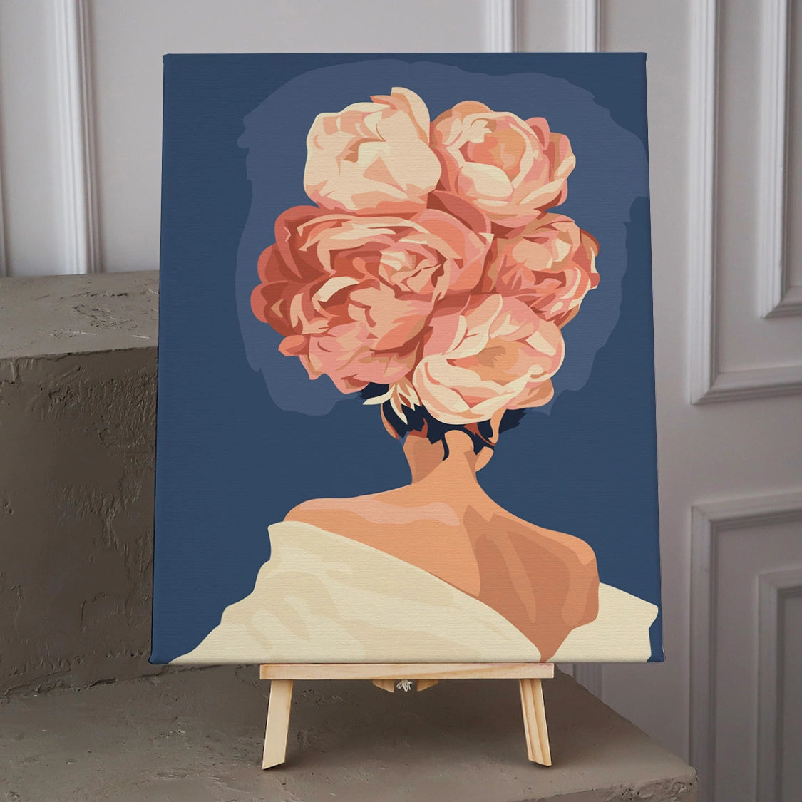 Painting of a woman with large blooming flowers as hair