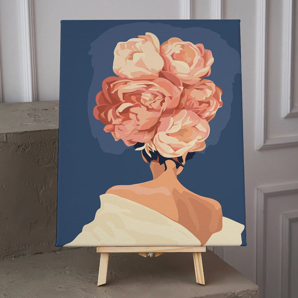 Painting of a woman with large blooming flowers as hair