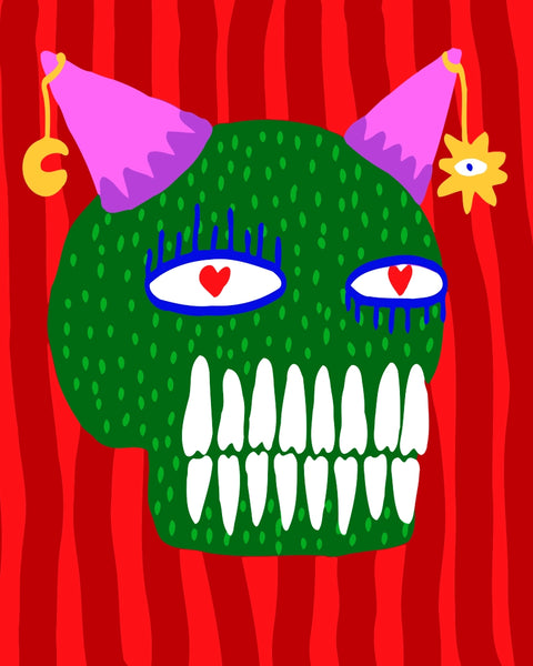 Green skull with heart-shaped eyes, bold lashes, and party hats on a wavy red background – playful paint by numbers artwork by @craftyloop.stories.