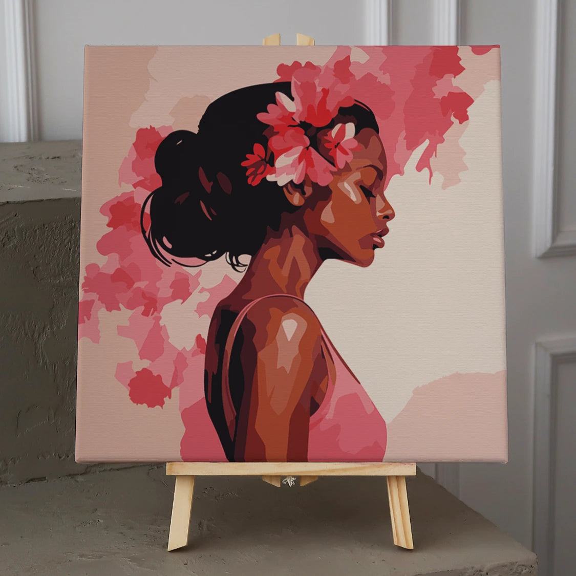 Elegant portrait painting of a woman with flowers in hair