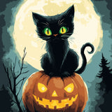 Black cat sitting on glowing jack-o'-lantern under full moon painting