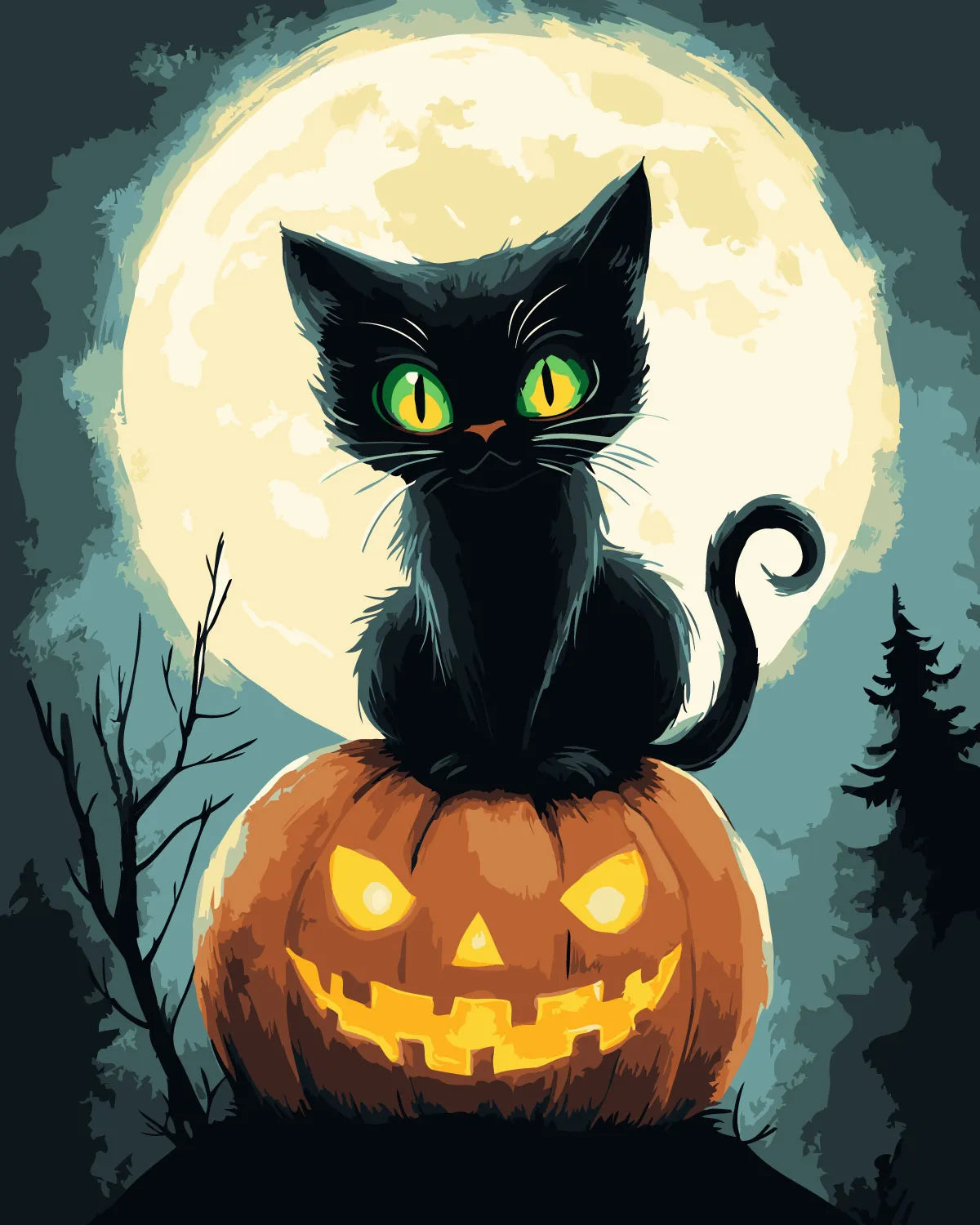 Black cat sitting on glowing jack-o'-lantern under full moon painting