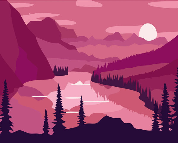 Serene pink-toned mountain landscape with lake and sunset painting