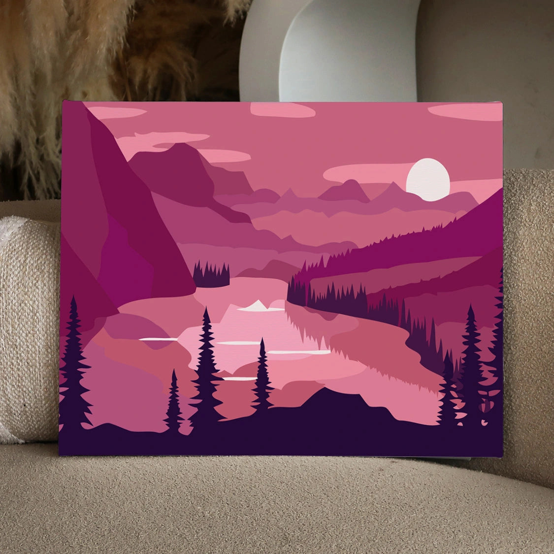 Serene pink-toned mountain landscape with lake and sunset painting