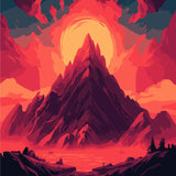 Painting of a fiery mountain with a glowing sun behind it