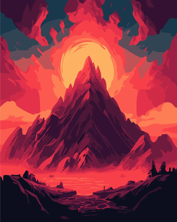 Painting of a fiery mountain with a glowing sun behind it