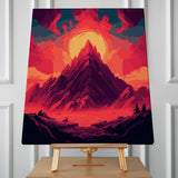 Painting of a fiery mountain with a glowing sun behind it