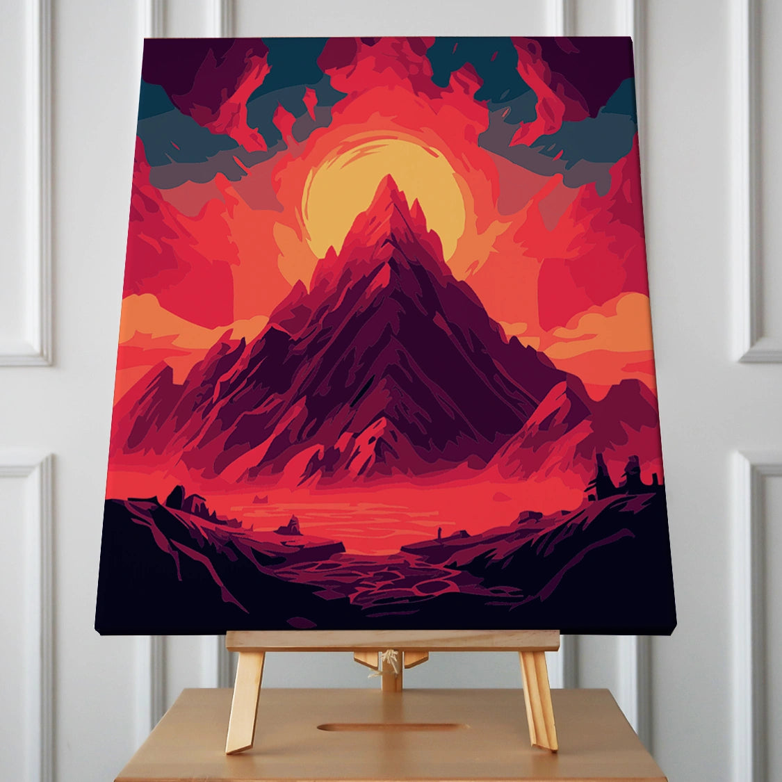 Painting of a fiery mountain with a glowing sun behind it