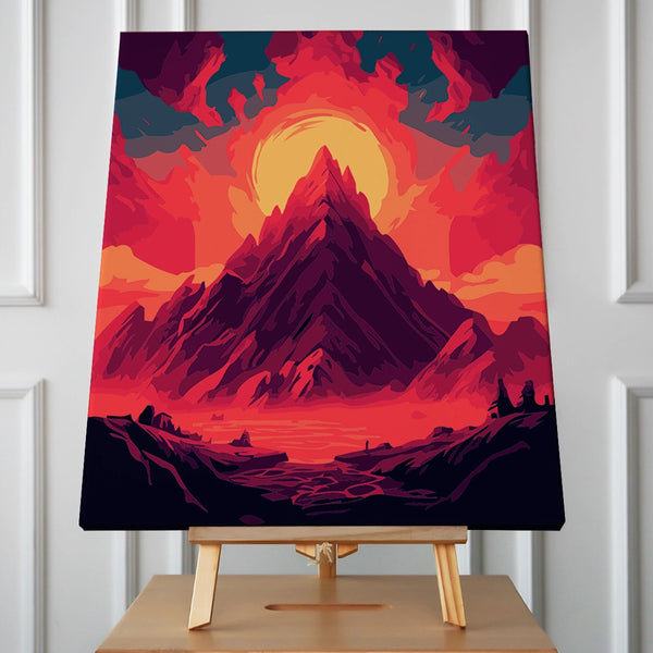 Painting of a fiery mountain with a glowing sun behind it