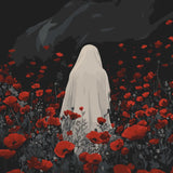 Ghostly figure in white standing among red poppies under a dark sky, featured in the Red Silence paint by numbers kit.