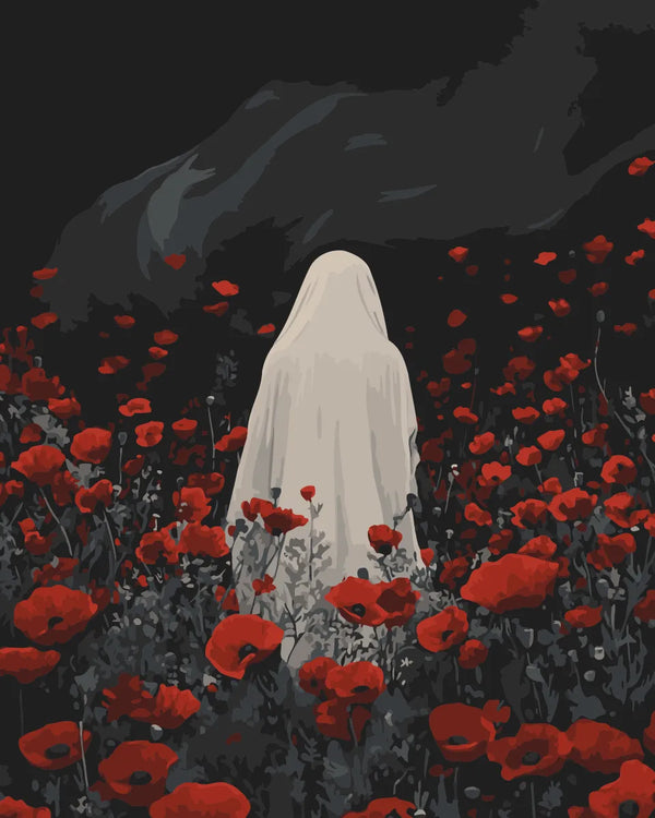 Ghostly figure in white standing among red poppies under a dark sky, featured in the Red Silence paint by numbers kit.