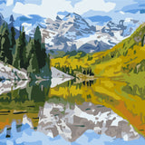 Mountain landscape with pine trees, lake reflection, and autumn colors painting