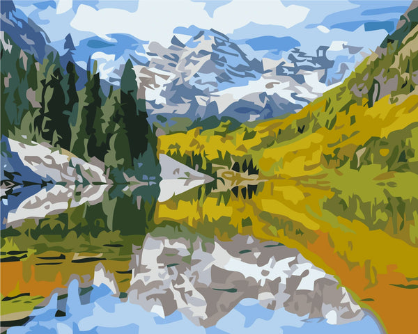 Mountain landscape with pine trees, lake reflection, and autumn colors painting