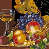 Still life painting with fruit basket, grapes, and wine glass