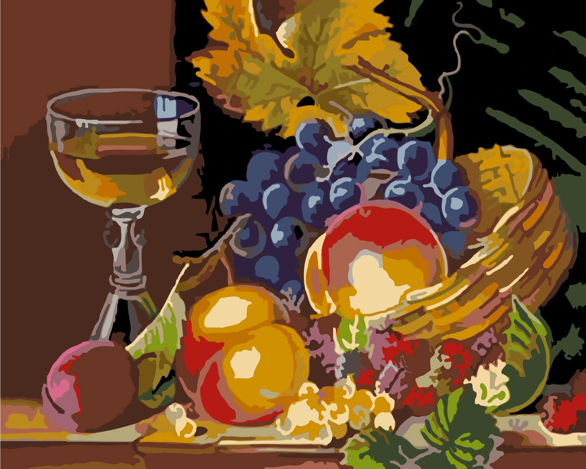 Still life painting with fruit basket, grapes, and wine glass