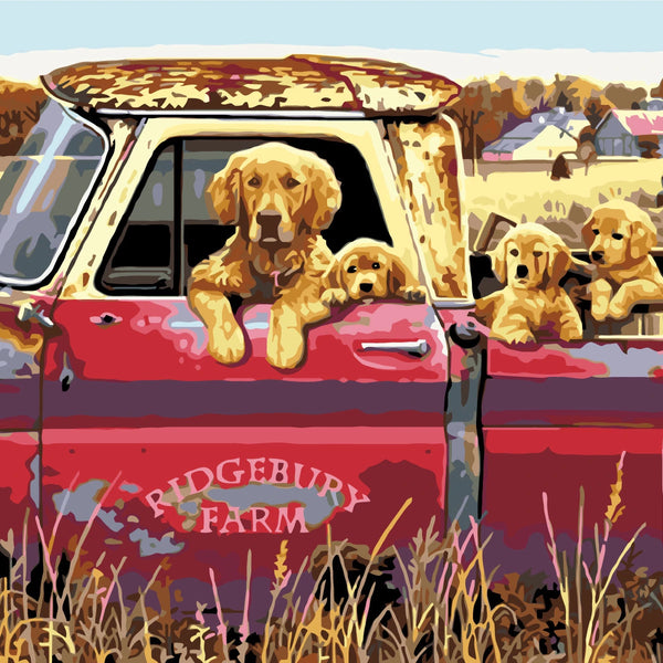 Golden retriever puppies in old red farm truck countryside painting