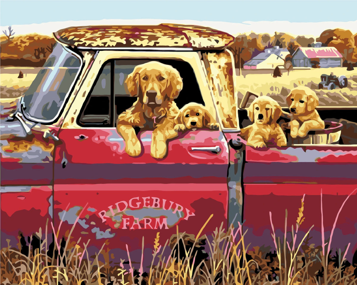 Golden retriever puppies in old red farm truck countryside painting