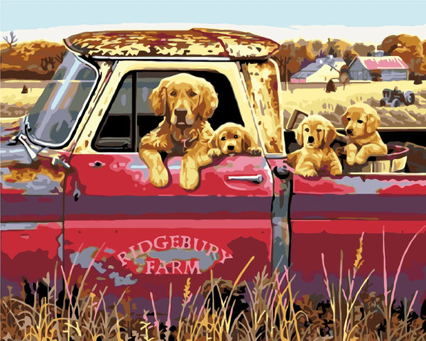 Golden retriever puppies in old red farm truck countryside painting